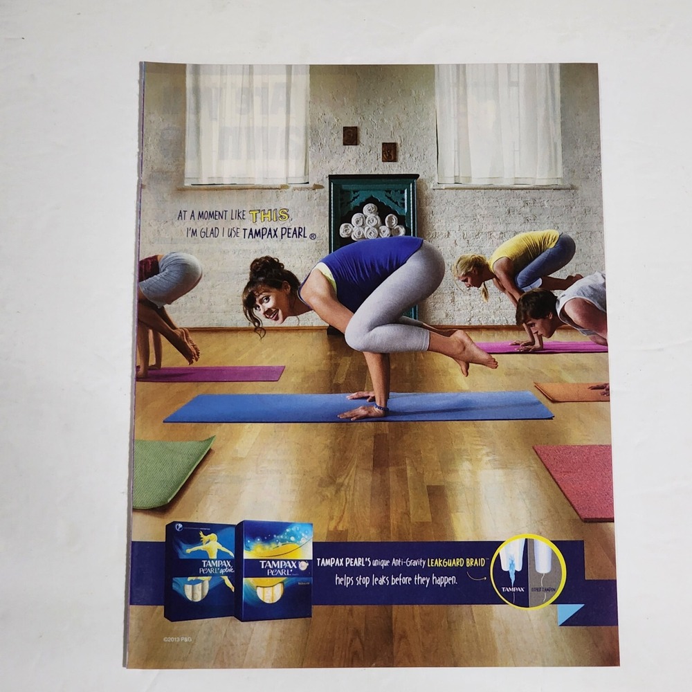 Tampax Pearl Print Ad Yoga Leakguard Braid Colorful Magazine Clipping 2013 8x11